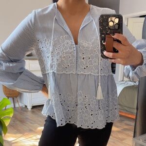 Cece Striped Blouse with Lace Detail